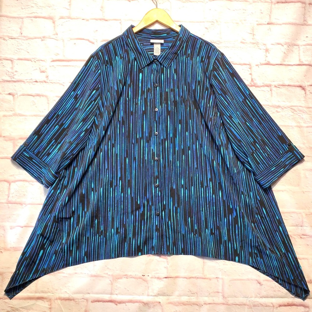 Catherines Shirt Womens 3X 26/28W Blue Black Button Up High Low Handkerchief Hem